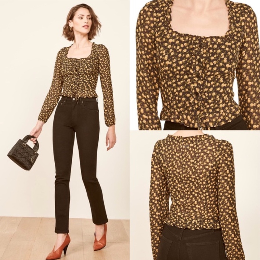 Reformation Black and Yellow Floral Blouse